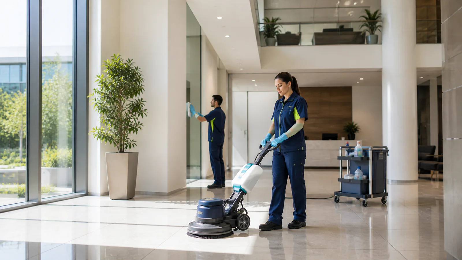 Addetti alle pulizie professionali in un moderno ambiente aziendale