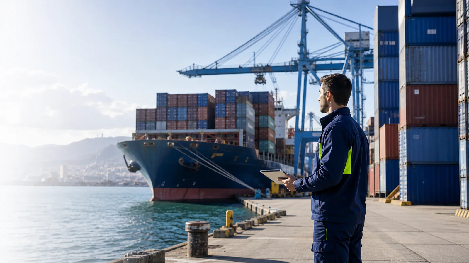 Professionista della logistica in un porto commerciale internazionale