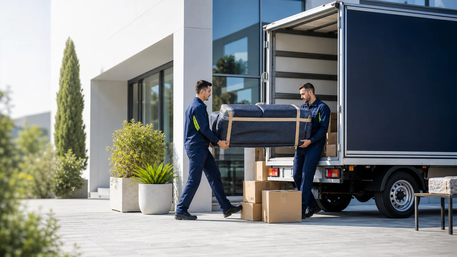 Squadra professionale durante un trasloco con camion e mobili protetti