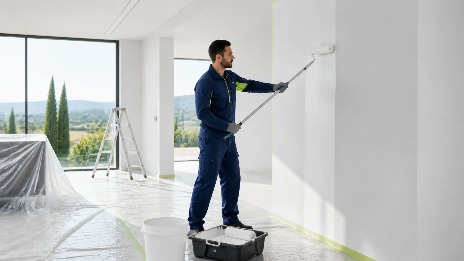Professionista Elisa Group durante l’imbiancatura di un ambiente moderno